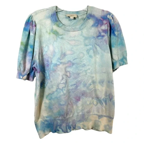LOFT Large Top Handmade Tie‎ Dye Puff Sleeve Blue Purple Knit Boho Whimsy 1545 - Picture 2 of 10